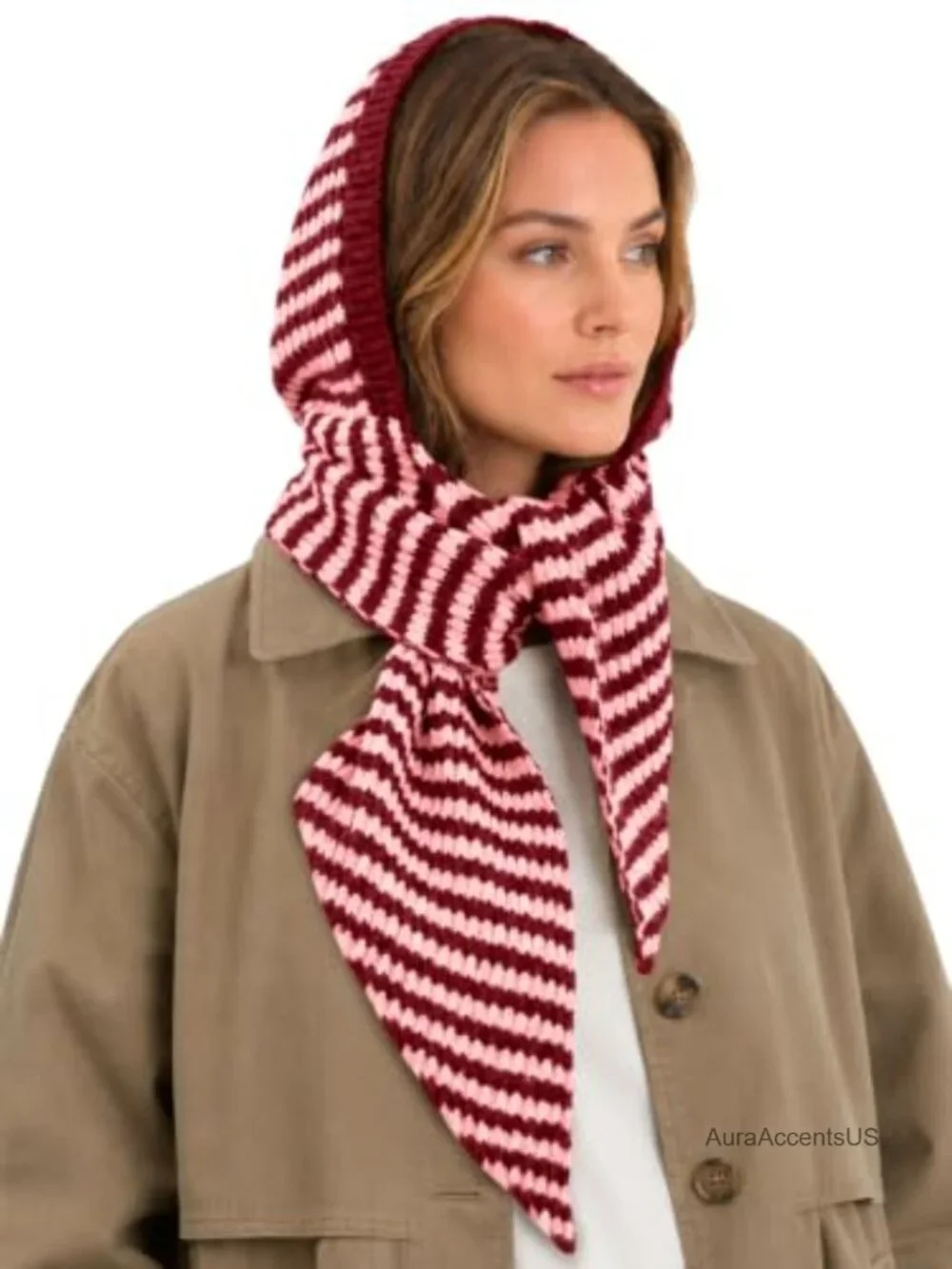Women's Hooded Scarf Balaclava Stripe Chunky Knit Winter Neck Wrap